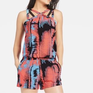 NWT Fabletics Romper Booty Shorts Strappy Mesh 80s Retro Abstract Liza Red Small